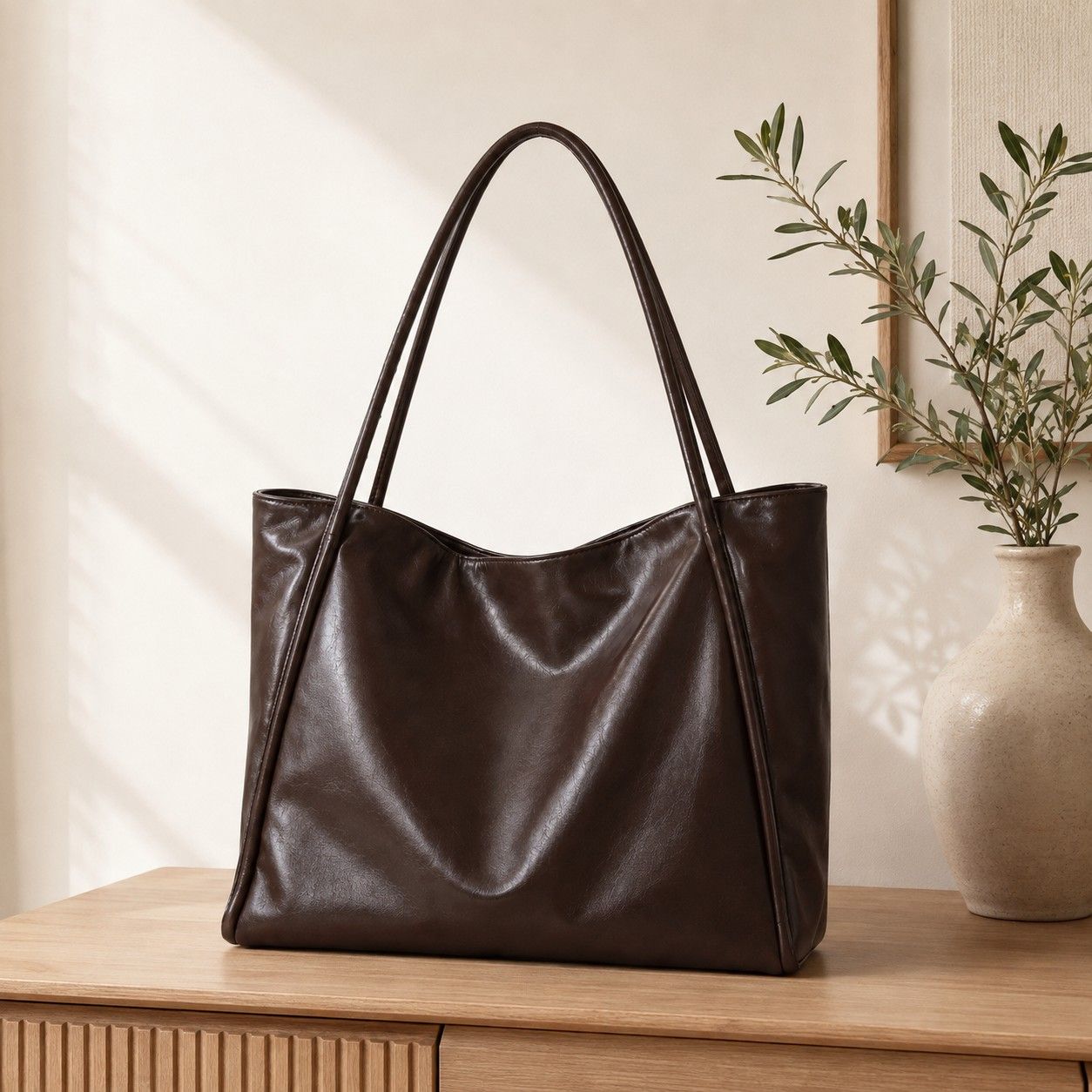 Large Faux Leather Tote Bag with Double Shoulder Straps and Magnetic Closure