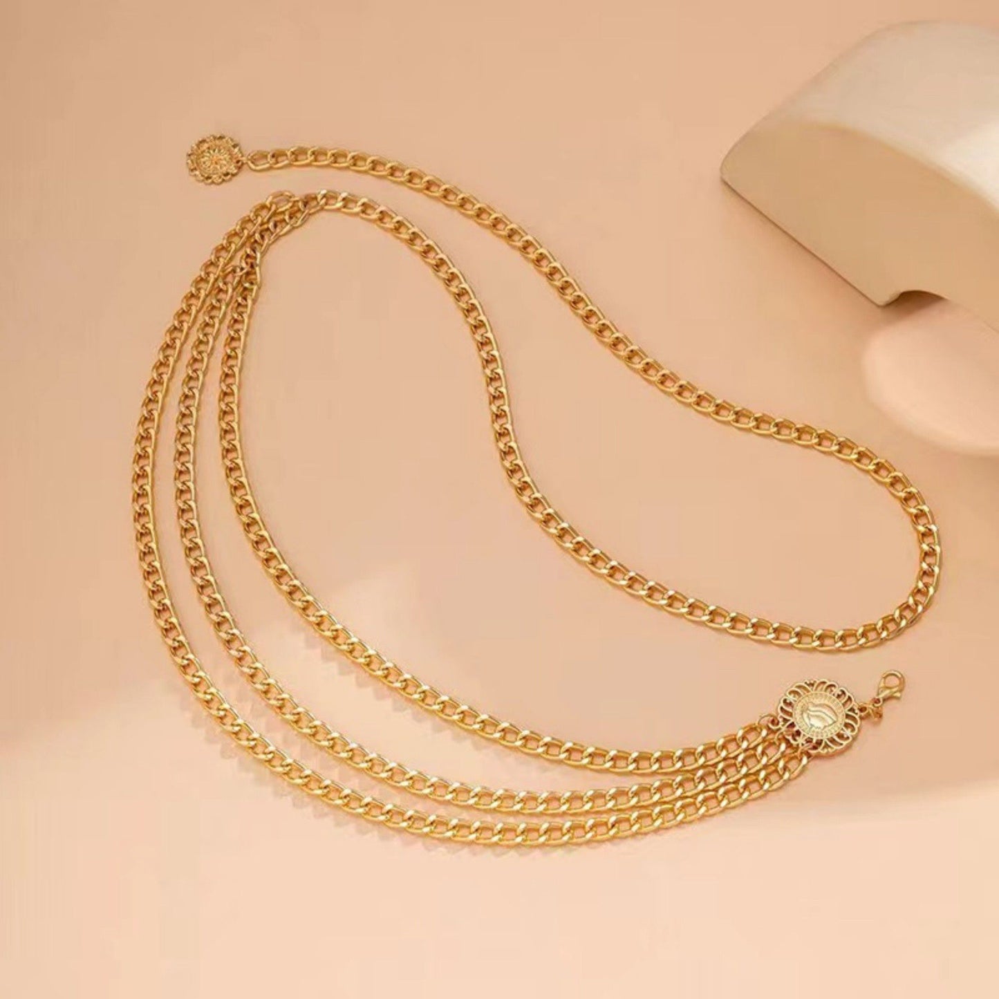 Layered Chain Waist Belt with Triple Draped Links and Decorative Medallion Accents for Stylish Detail 35.5in