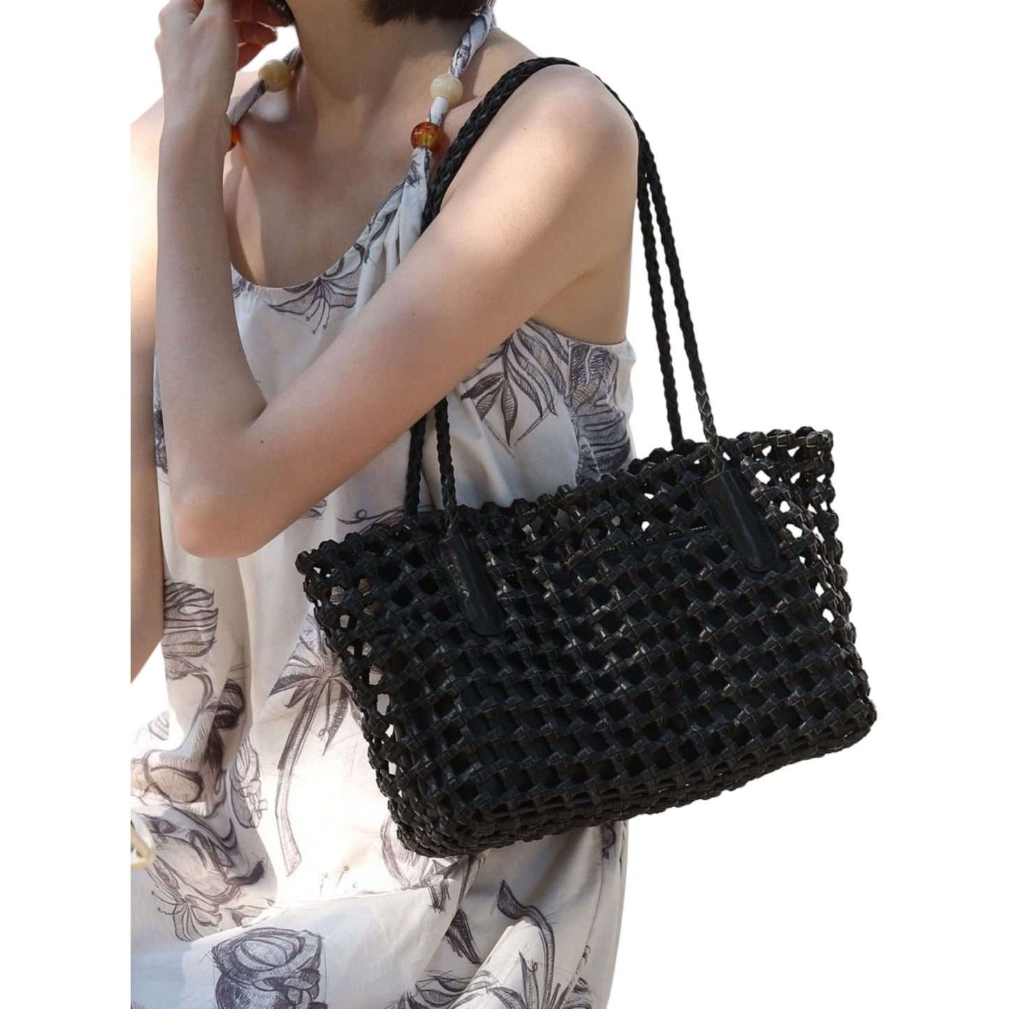 Open Weave Leather Tote Bag with Braided Shoulder Straps and Interior Zip Compartment