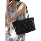 Open Weave Leather Tote Bag with Braided Shoulder Straps and Interior Zip Compartment
