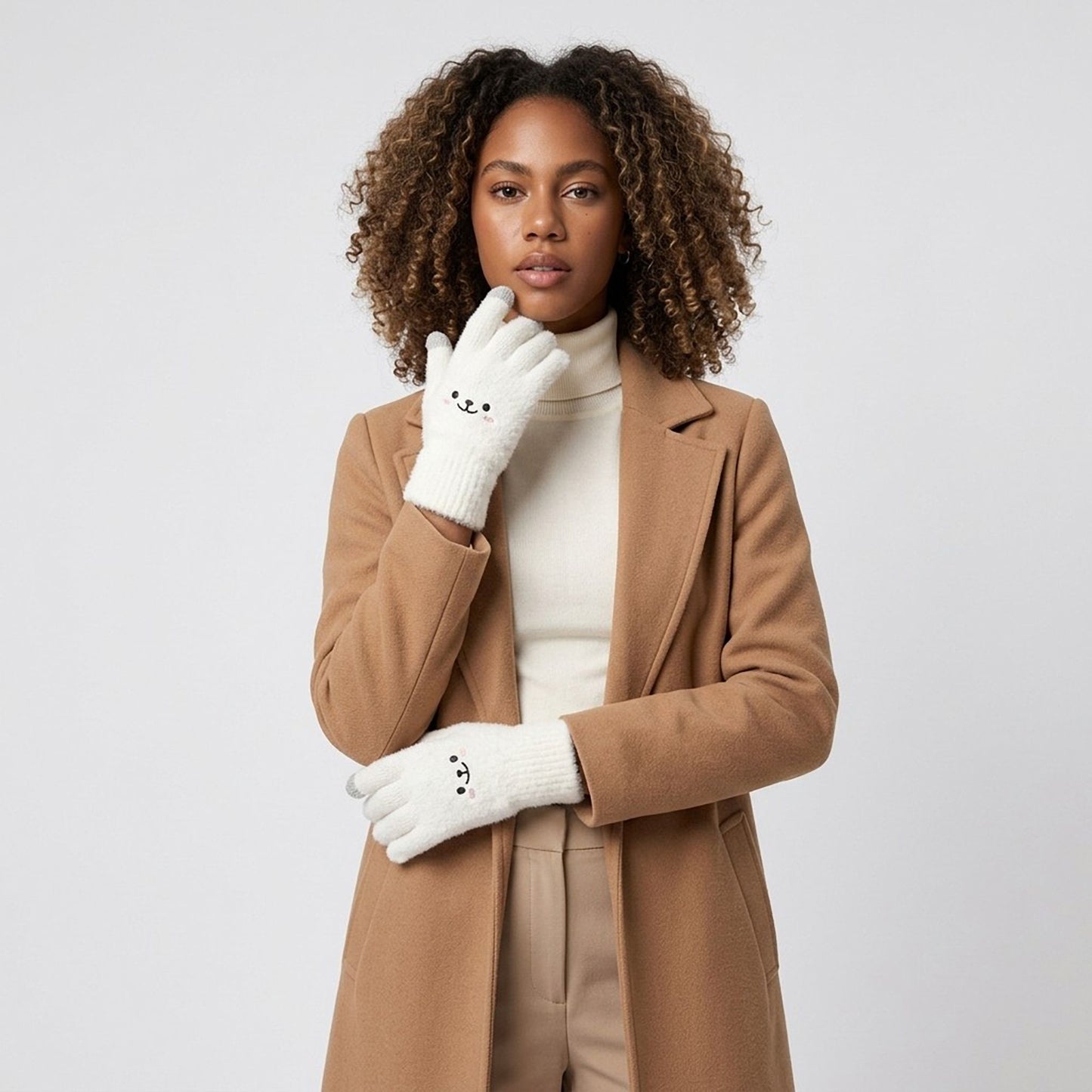 Fuzzy Knit Touchscreen Gloves with Embroidered Smiley Face