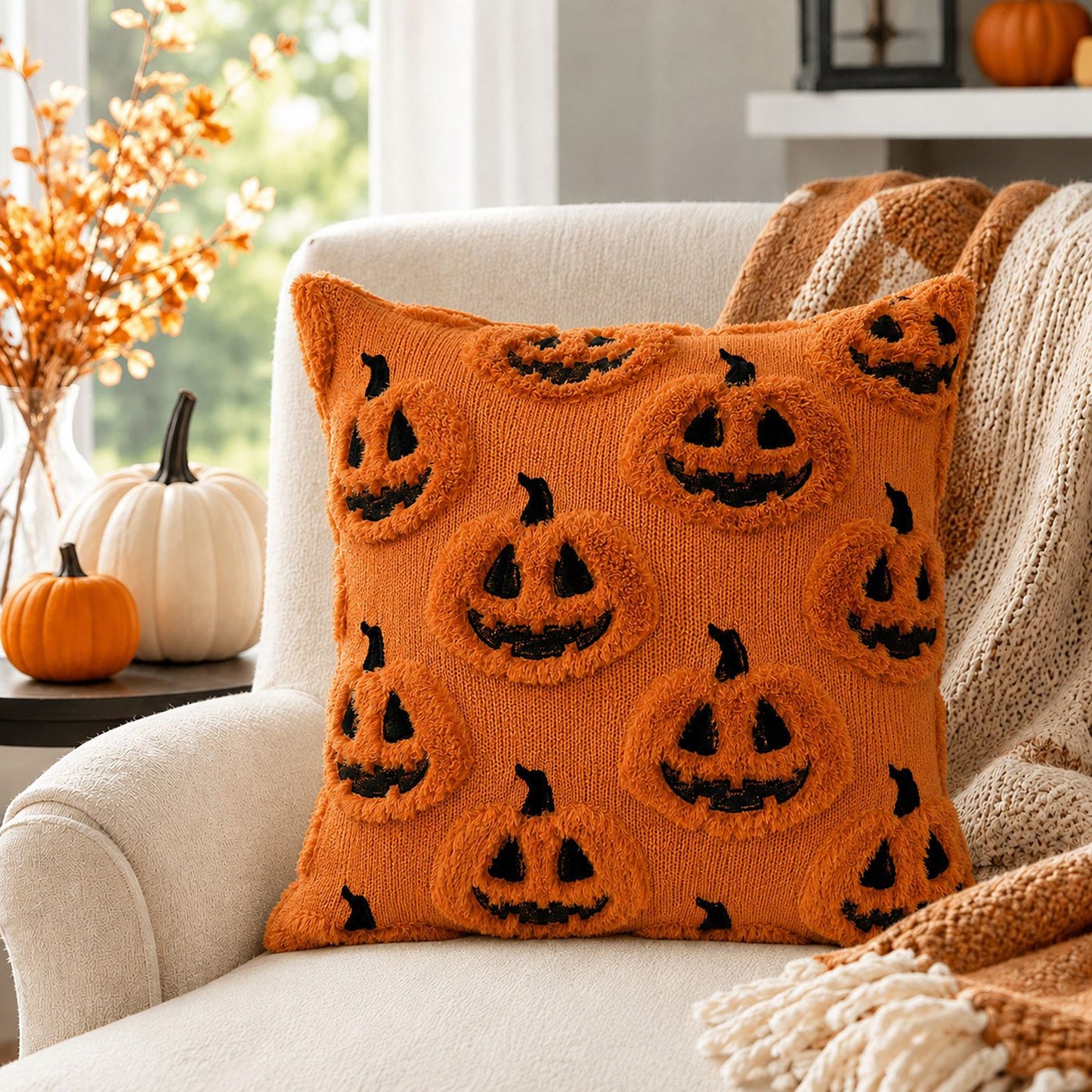 Halloween Pumpkin Ghost Textured Decorative Throw Pillow Cover for Sofa Bed Chair