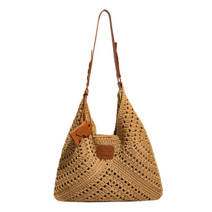 Woven Crochet Shoulder Bag with Leather Strap Slouchy Hobo Handbag Lightweight Knit Tote