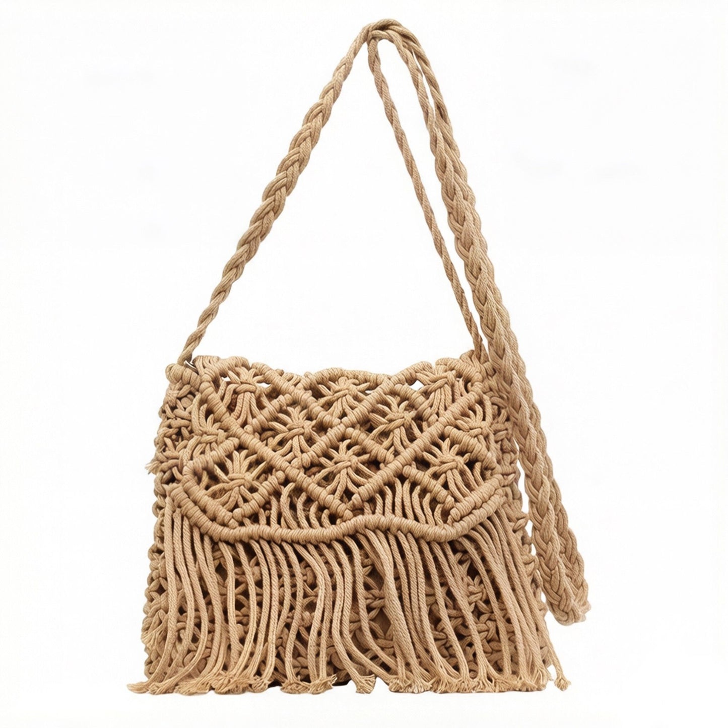 Macrame Fringe Shoulder Bag Knotted Rope Crossbody Handbag Boho Woven Tassel Bag Lightweight Handmade Style Purse