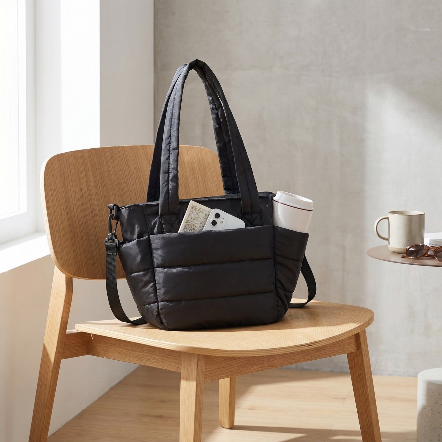Quilted Puffer Tote Bag with Adjustable Shoulder Strap Multi Pocket Lightweight Carryall Handbag 13x6x10 in