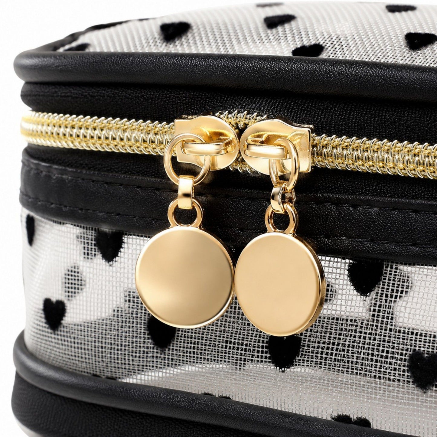 Two-Tier Cosmetic Organizer Bag with Heart Print Mesh Panels Gold Zippers and Carry Handle