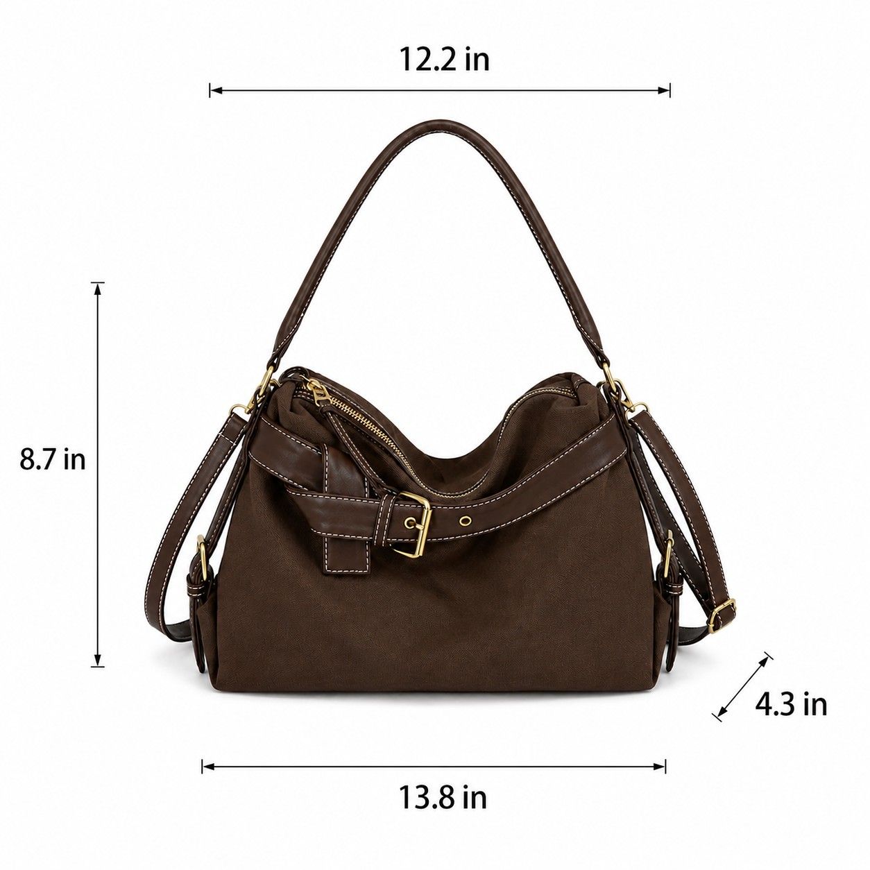 Slouchy Shoulder Hobo Bag with Adjustable Strap Buckle Detail and Inner Zip Pocket