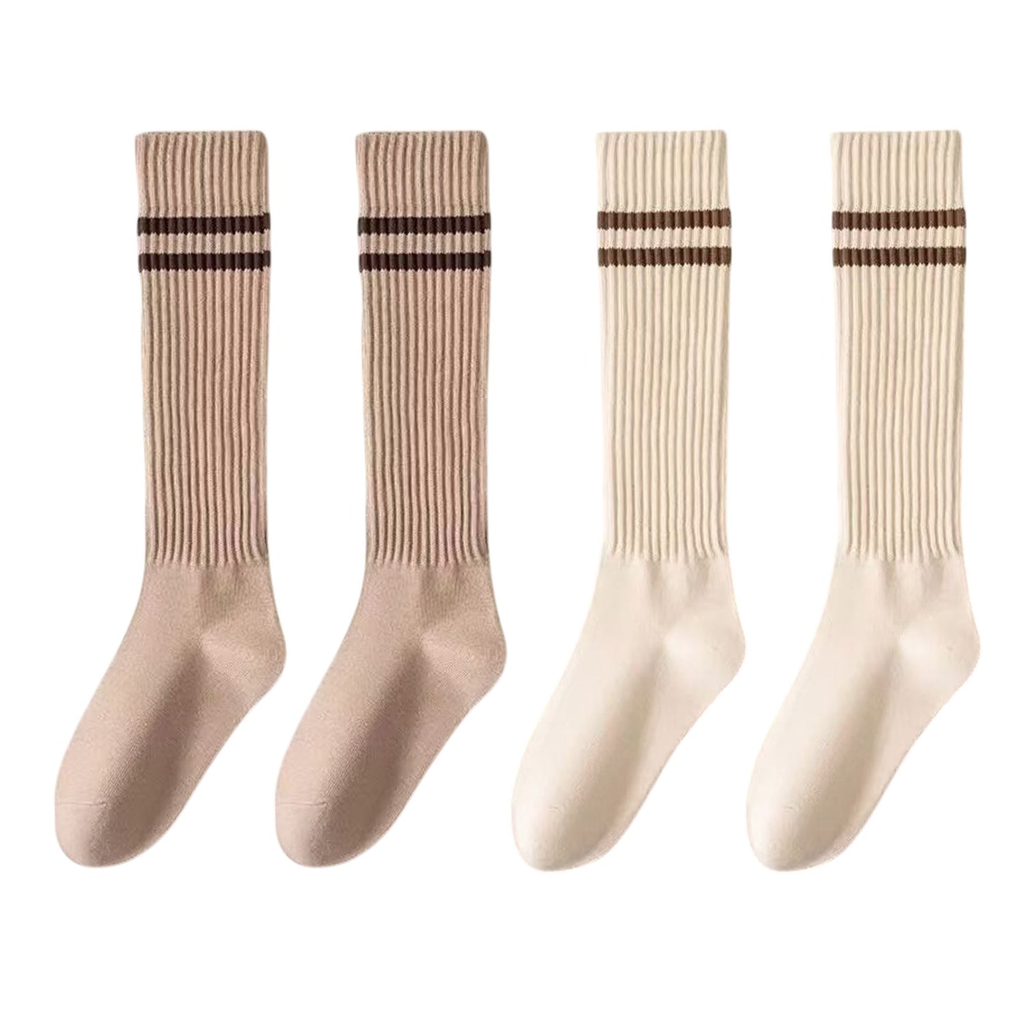 4-Pair Set Ribbed Knee-High Socks with Striped Detail Slim Fit Stretch Design for Casual Outfits