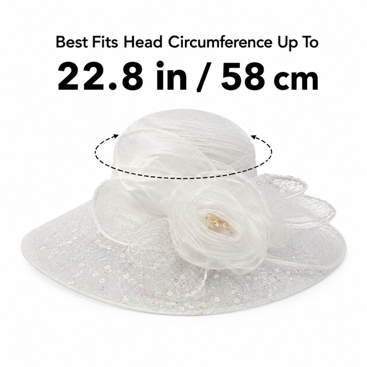 Wide Brim Floral Sun Hat with Sequin Mesh and Rose Accent