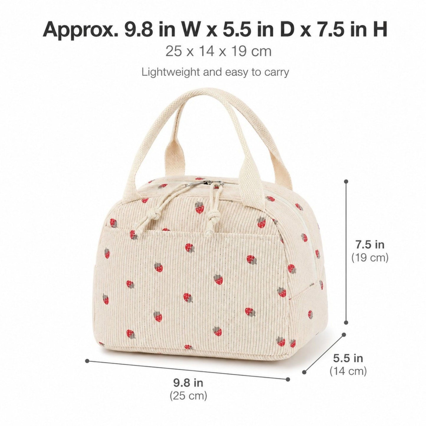 Strawberry Print Corduroy Insulated Lunch Bag with Handles and Zip Closure