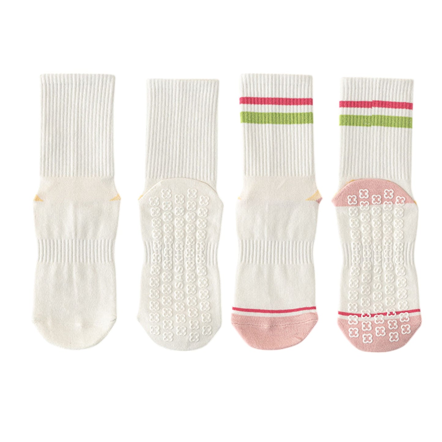 2-Pair Set Crew Athletic Socks with Striped Cuffs and Full Sole Grip for Yoga Fitness