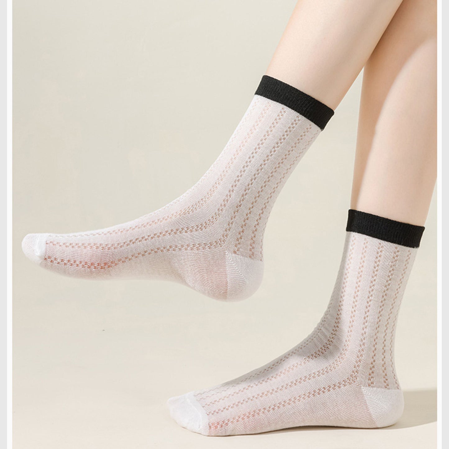 5 Pairs Women's Breathable Lace-Knit Crew Socks with Colored Cuffs Soft Lightweight Anti-Odor for Casual Wear