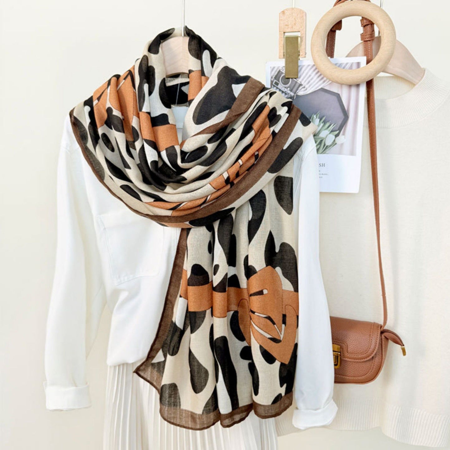 Leopard Print Lightweight Scarf with Bow Accent Stripes and Sheer Draped Fabric for Effortless Everyday Style 33.5x71in