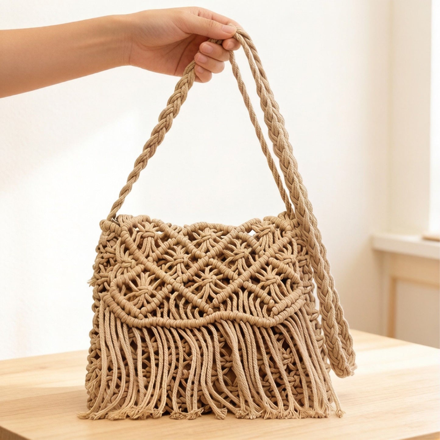 Macrame Fringe Shoulder Bag Knotted Rope Crossbody Handbag Boho Woven Tassel Bag Lightweight Handmade Style Purse