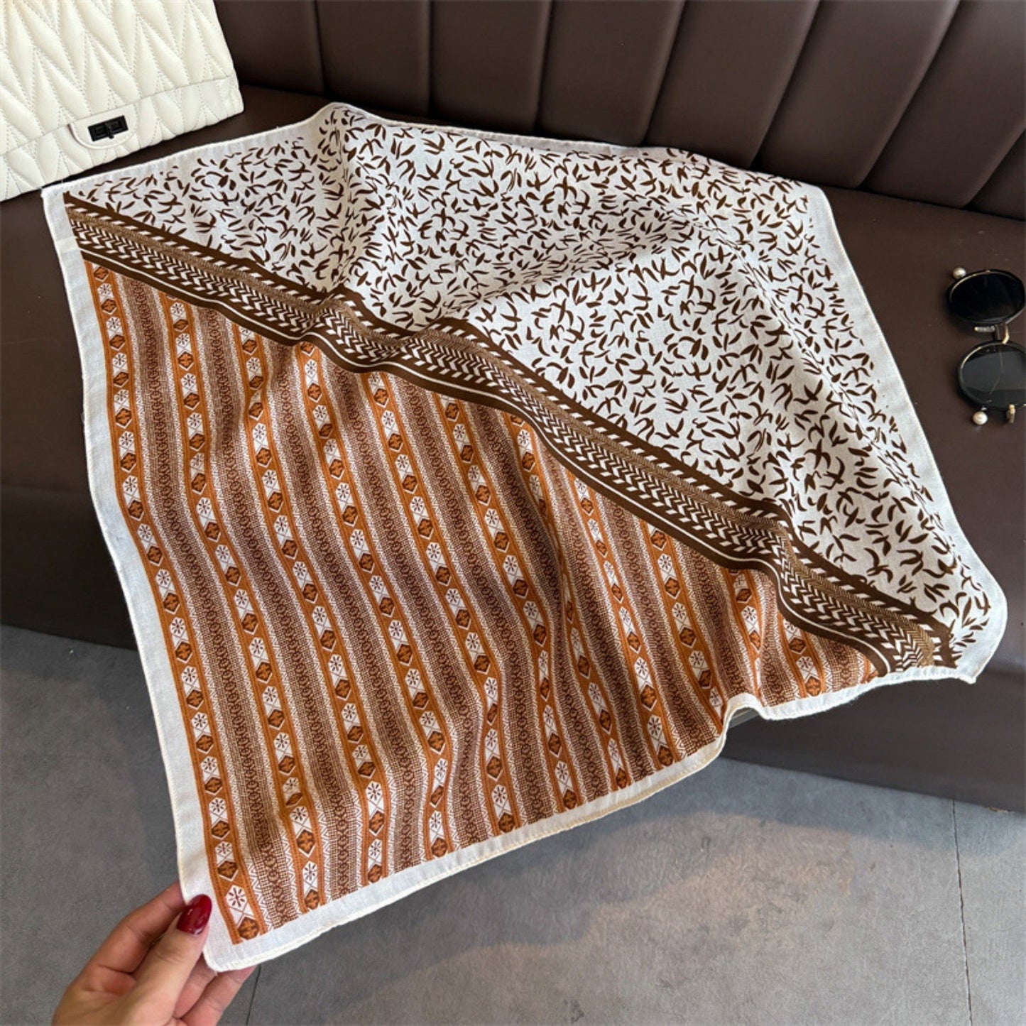 Geometric and Leaf Print Satin Square Scarf with Contrasting Patterns 27x27in