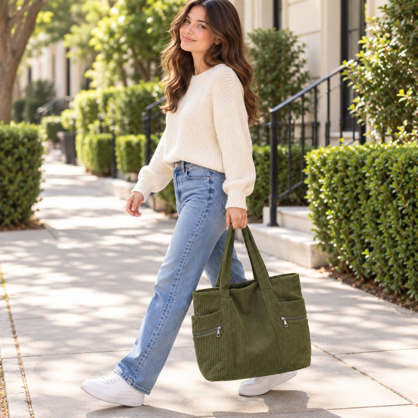Large Corduroy Tote Bag with Zipper Pockets