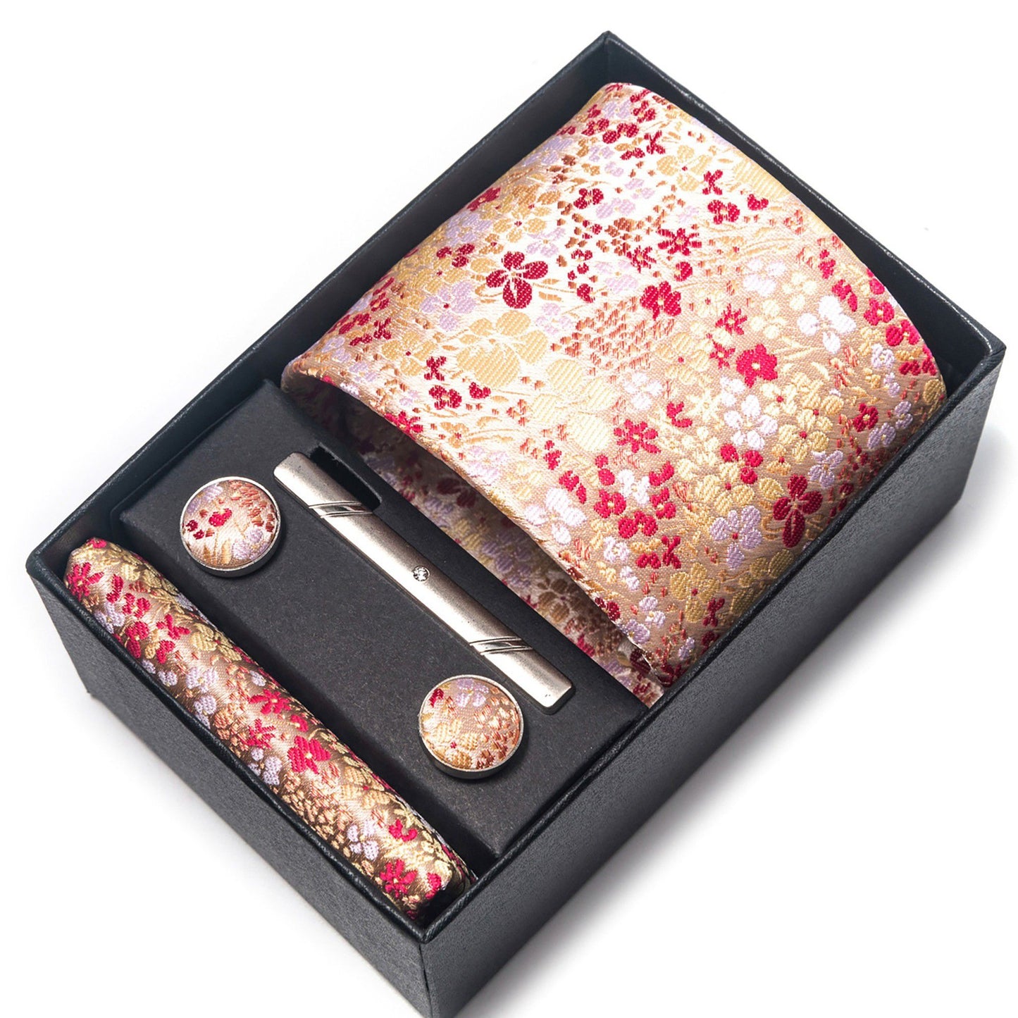 Men's Paisley Floral Tie Gift Set with Matching Pocket Square Cufflinks and Silver Tie Clip