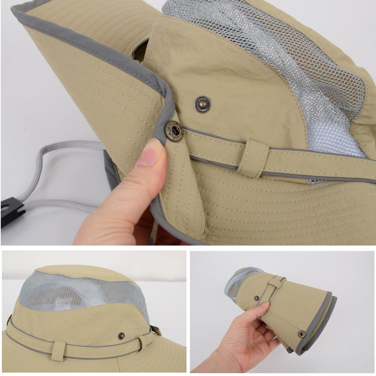 Wide Brim Outdoor Hat with Mesh Ventilation Snap-Up Sides and Chin Strap for Hiking, Beach, Travel, and Sun Protection