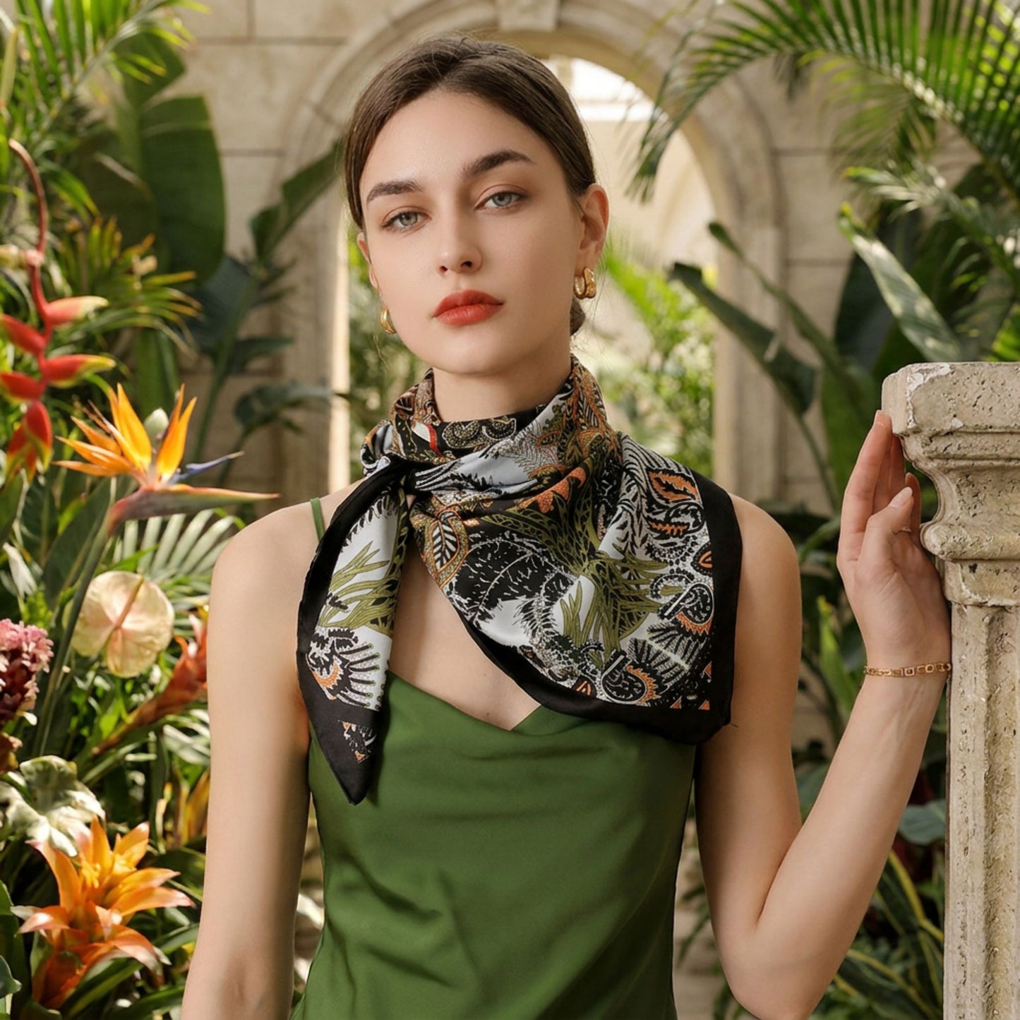 Botanical Print Satin Feel Square Scarf Elegant Lightweight Fashion Neck Hair Scarf 35.5¡Á35.5 Inches