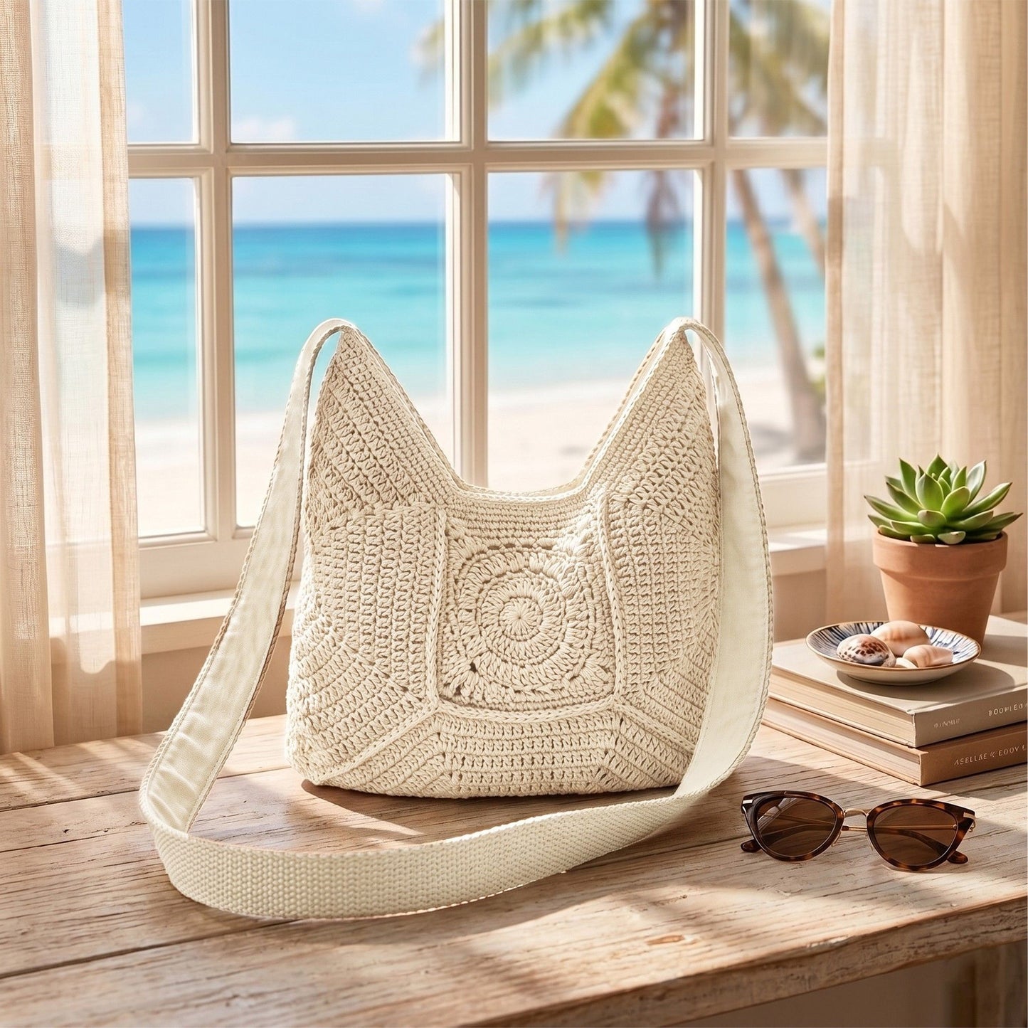 Woven Crochet Shoulder Bag with Geometric Pattern Slouchy Hobo Lightweight Knit Handbag
