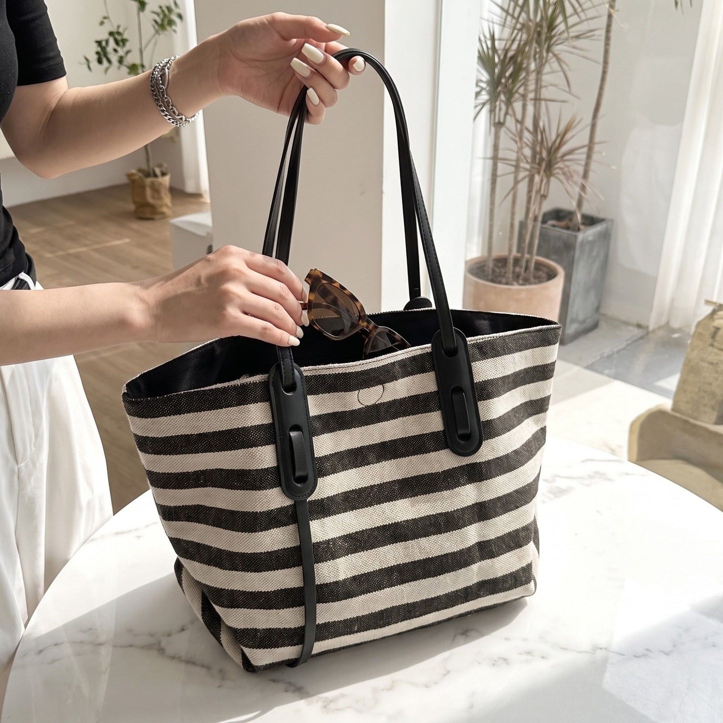 Striped Canvas Tote Bag with Long Shoulder Handles and Interior Pockets
