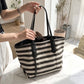 Striped Canvas Tote Bag with Long Shoulder Handles and Interior Pockets