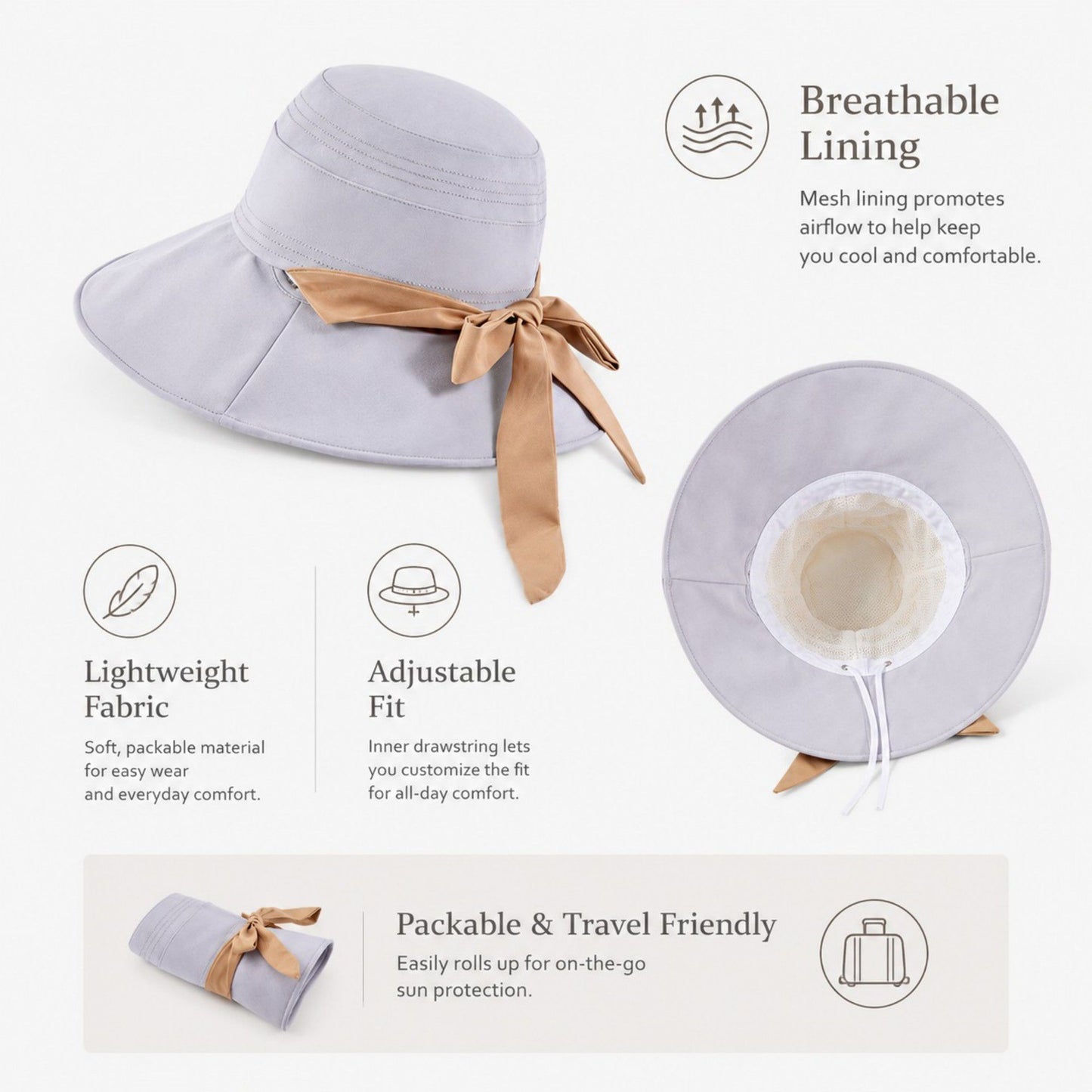 Wide Brim Sun Hat with Bow Accent Stitched Crown and Soft Structured Brim