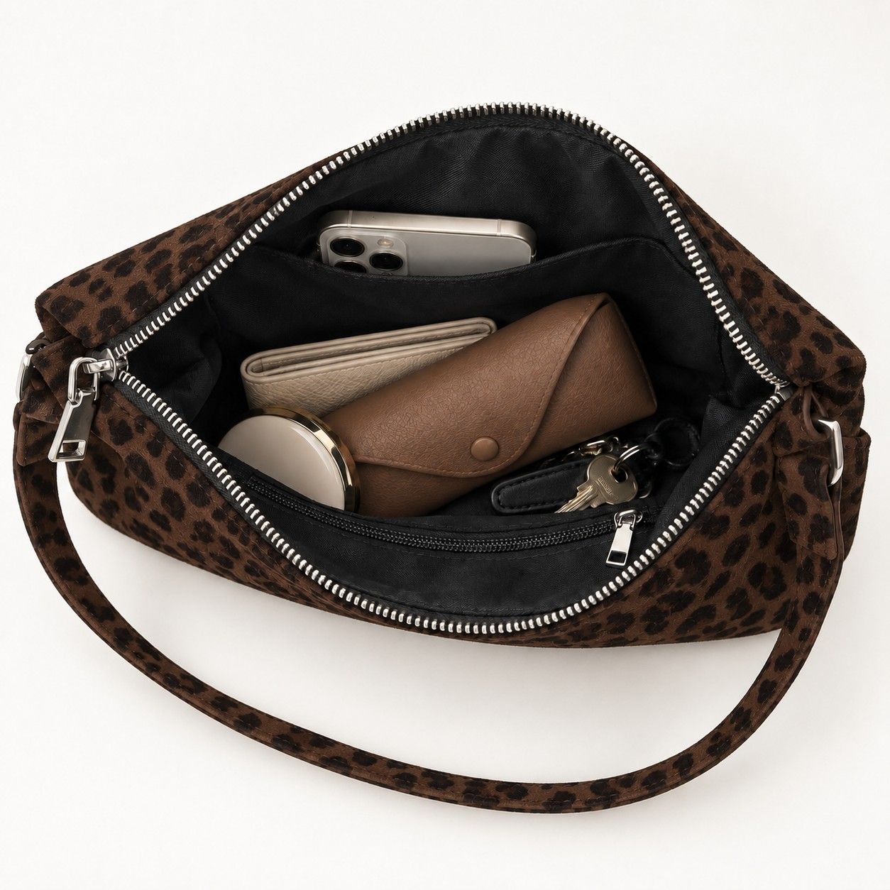 Faux Suede Hobo Shoulder Bag with Zip Closure and Interior Pockets