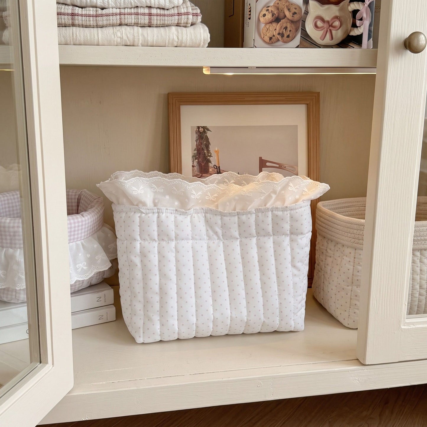 Pink Gingham Fabric Storage Basket with Lace Ruffle