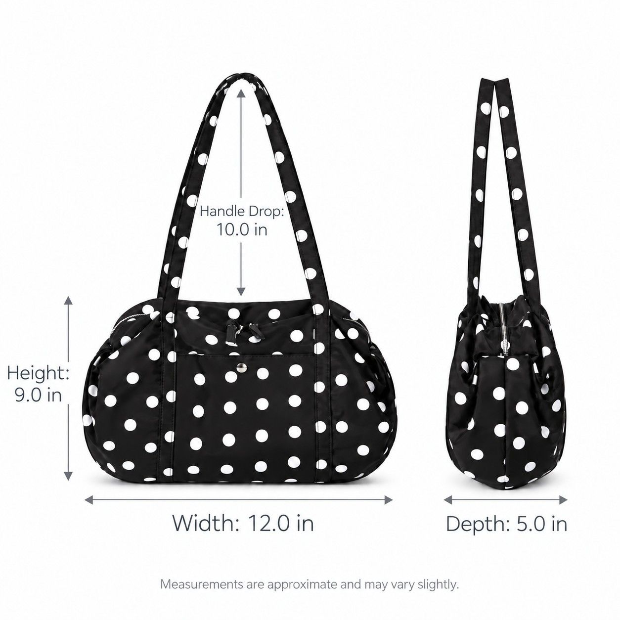 Polka Dot Nylon Barrel Shoulder Bag with Double Handles Zip Closure and Interior Pockets