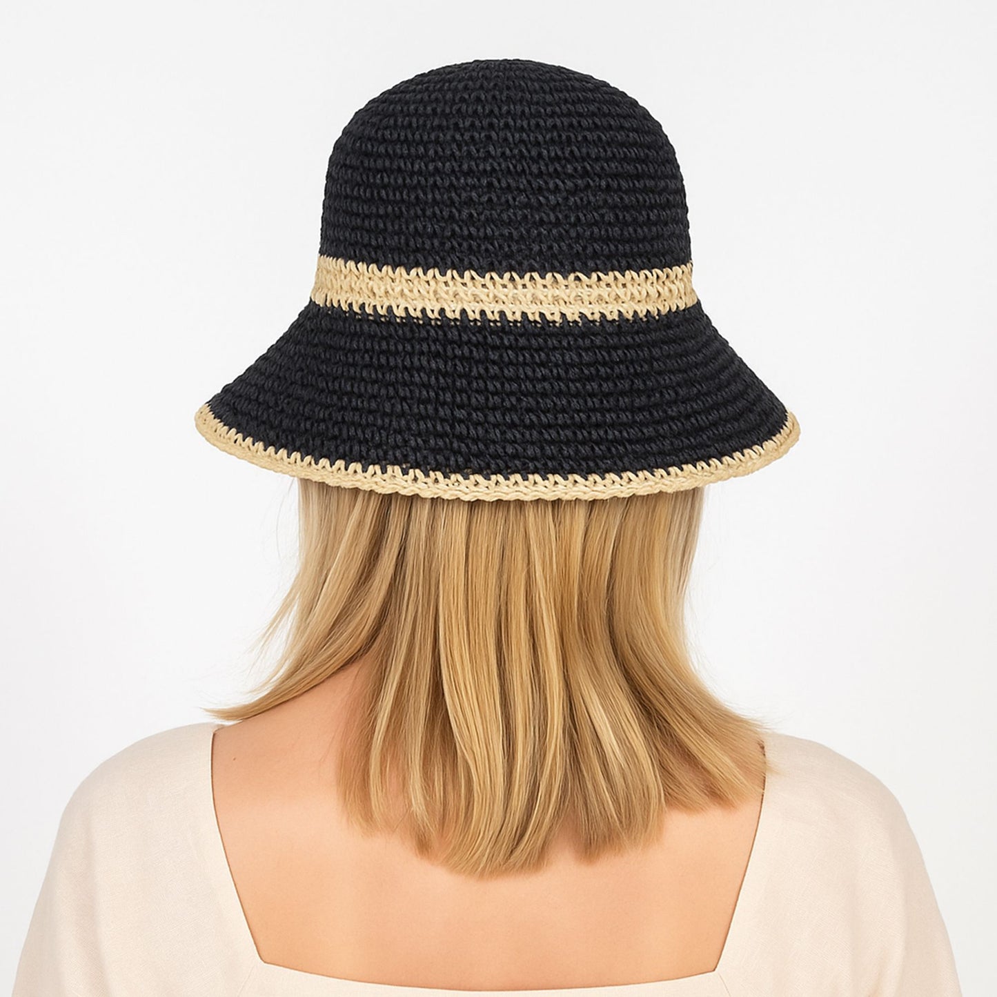 Packable Crochet Straw Bucket Hat with Two-Tone Design Lightweight Summer Sun Hat for Beach Travel Hiking Outdoor Use