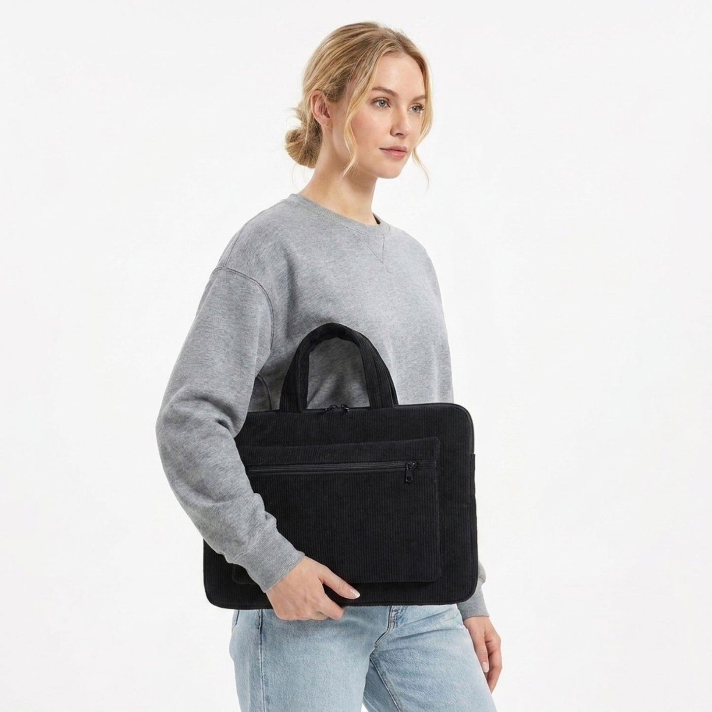 Corduroy Laptop Bag Large Capacity Work Tote with Front Zipper Pocket