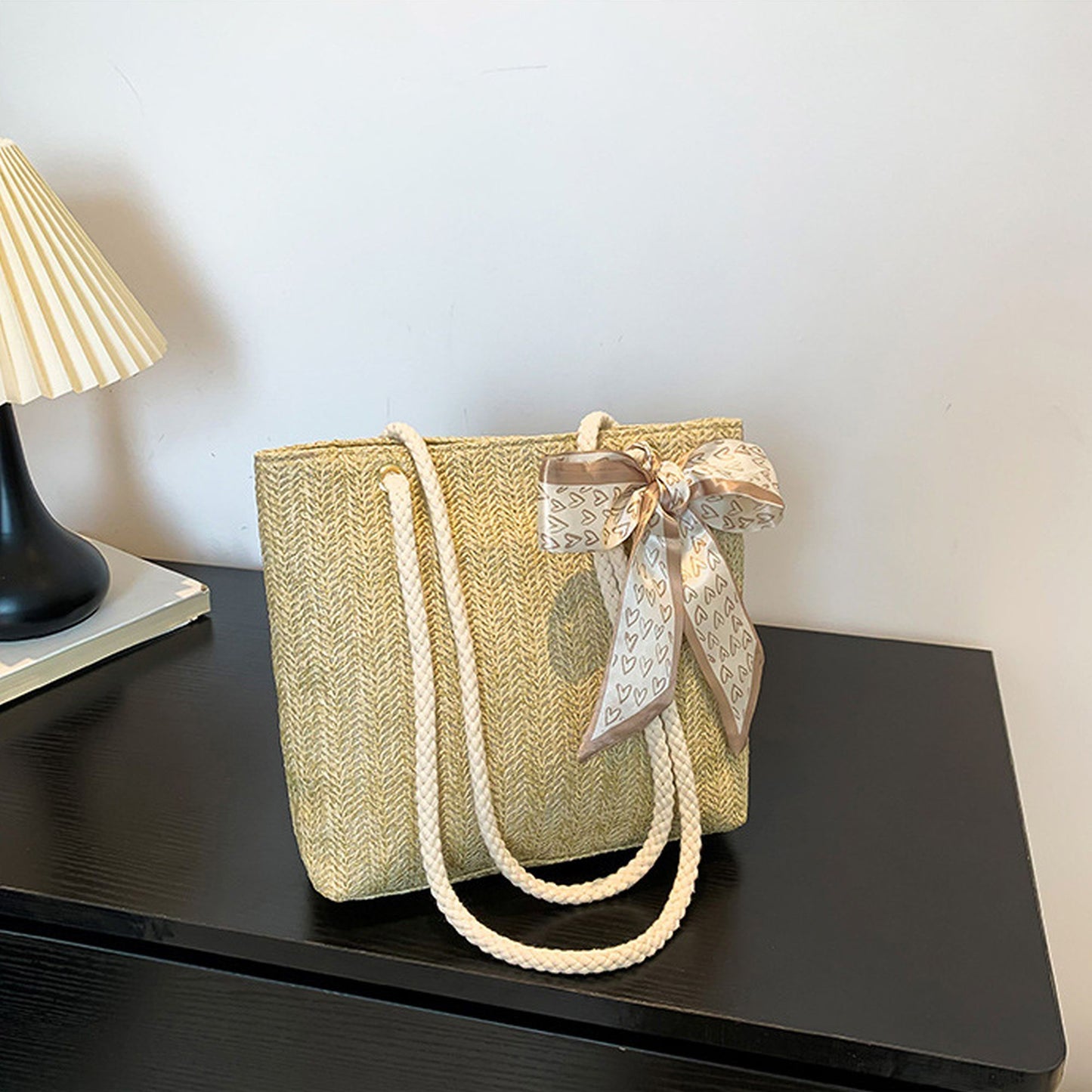 Straw Woven Tote Bag with Bow Accent - Lightweight Summer Shoulder Bag