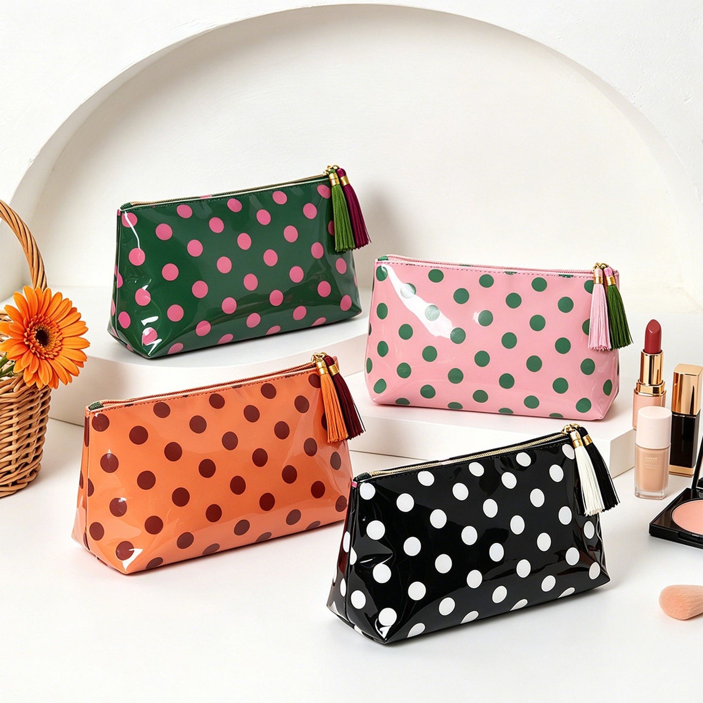 Large Polka Dot Cosmetic Bag Water Resistant Travel Toiletry Pouch with Tassels