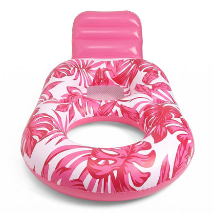 Tropical Leaf Inflatable Pool Lounge Float with Backrest Mesh Seat Cup Holder Durable PVC Float for Pool Beach Lake 63x47x27.5in