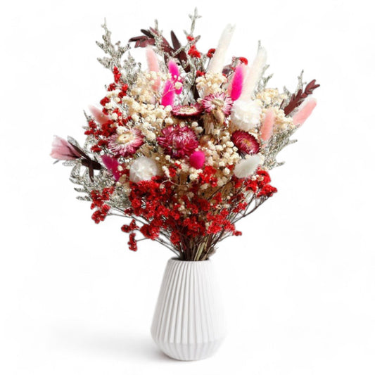 Vibrant Dried Flowers Mixed Floral Arrangement with Pink and Red Accents, 17.8 Inches