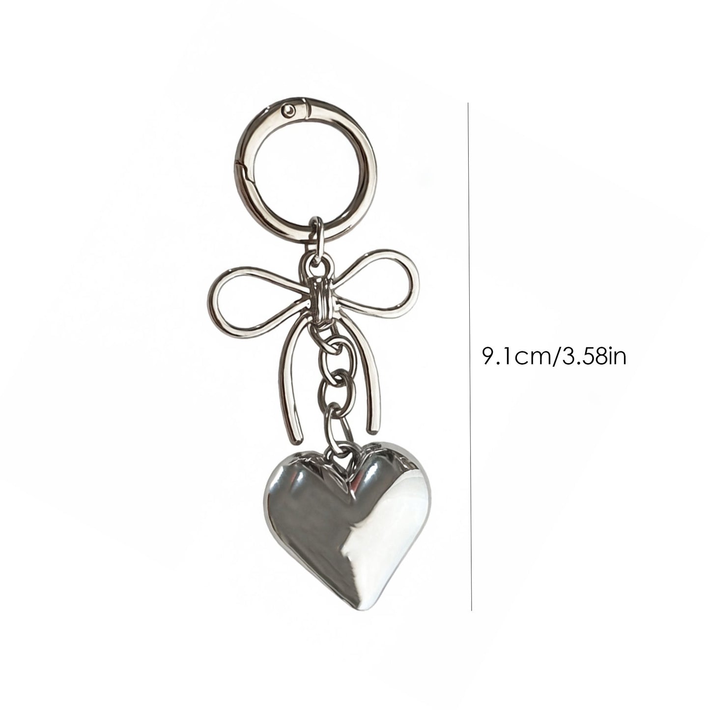 2 Pack Metal Heart Keychain with Bow Accent Clip and Polished Bag Charm Pendant