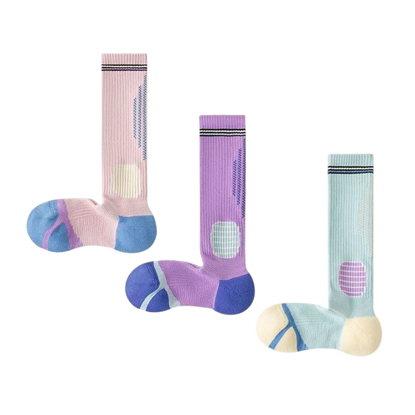 3-Pair Set Colorblock Athletic Knee-High Socks with Cushioned Heel Arch Support for Daily Fitness