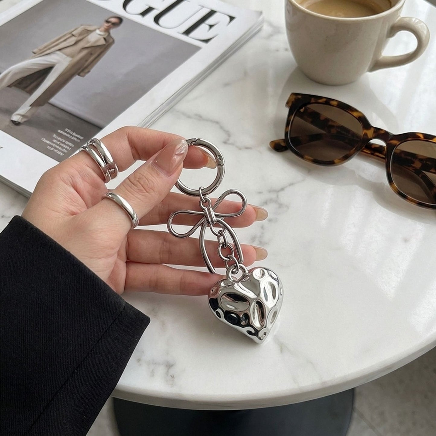 2 Pack Metal Heart Keychain with Bow Accent Clip and Polished Bag Charm Pendant