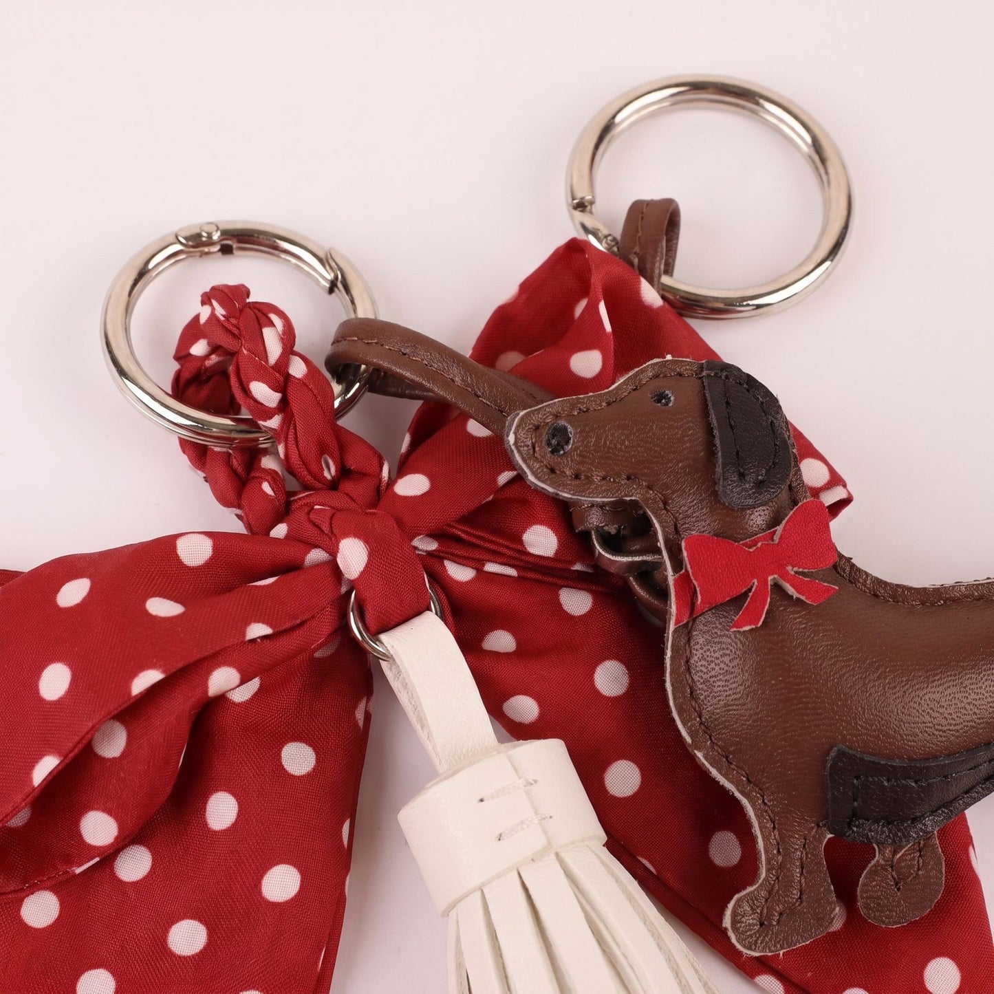 Dachshund Bag Charm with Polka Dot Bow Tassel and Key Ring