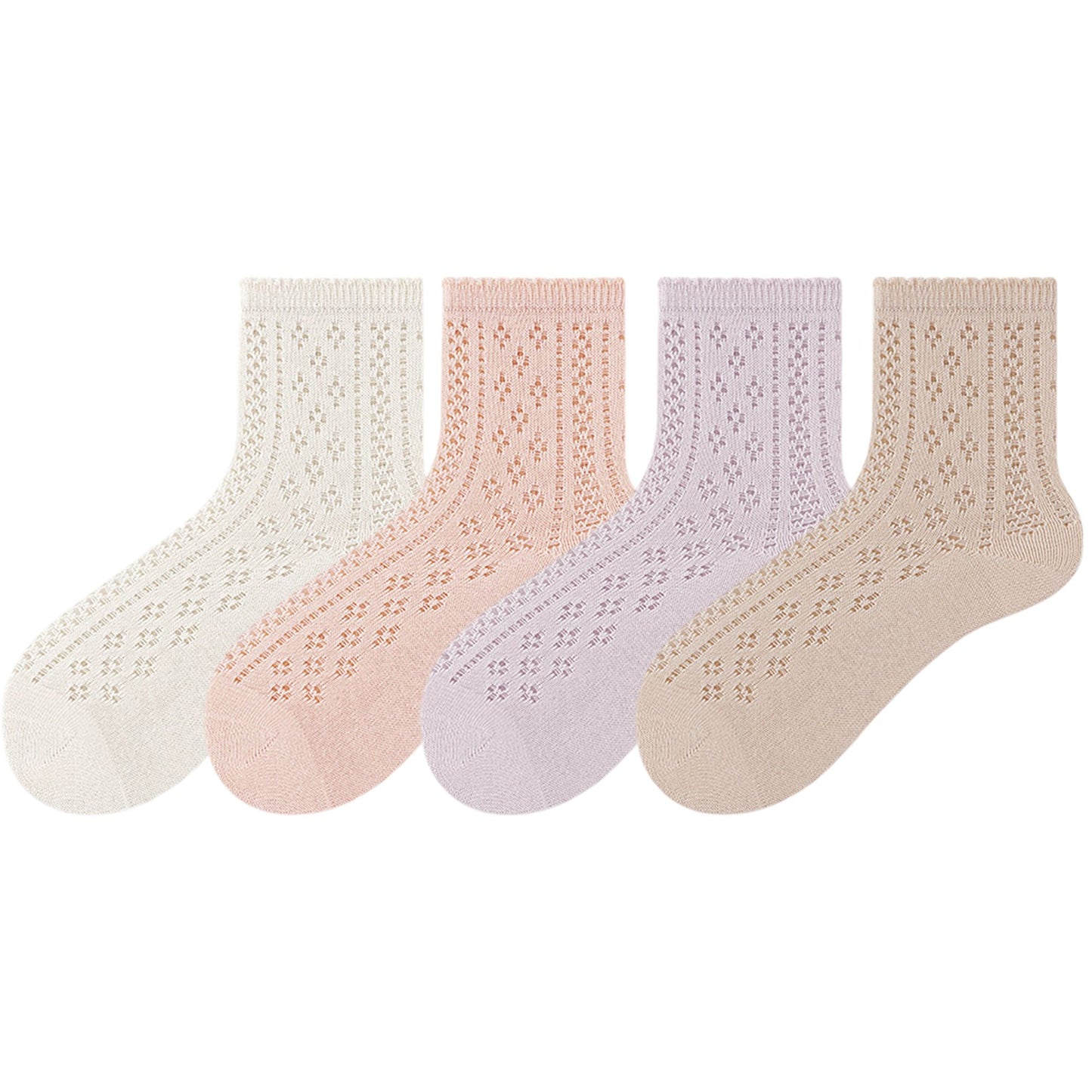 4 Pairs Women's Lace Knit Crew Socks Lightweight Breathable Mesh Style with Elastic Cuff in Assorted Patterns
