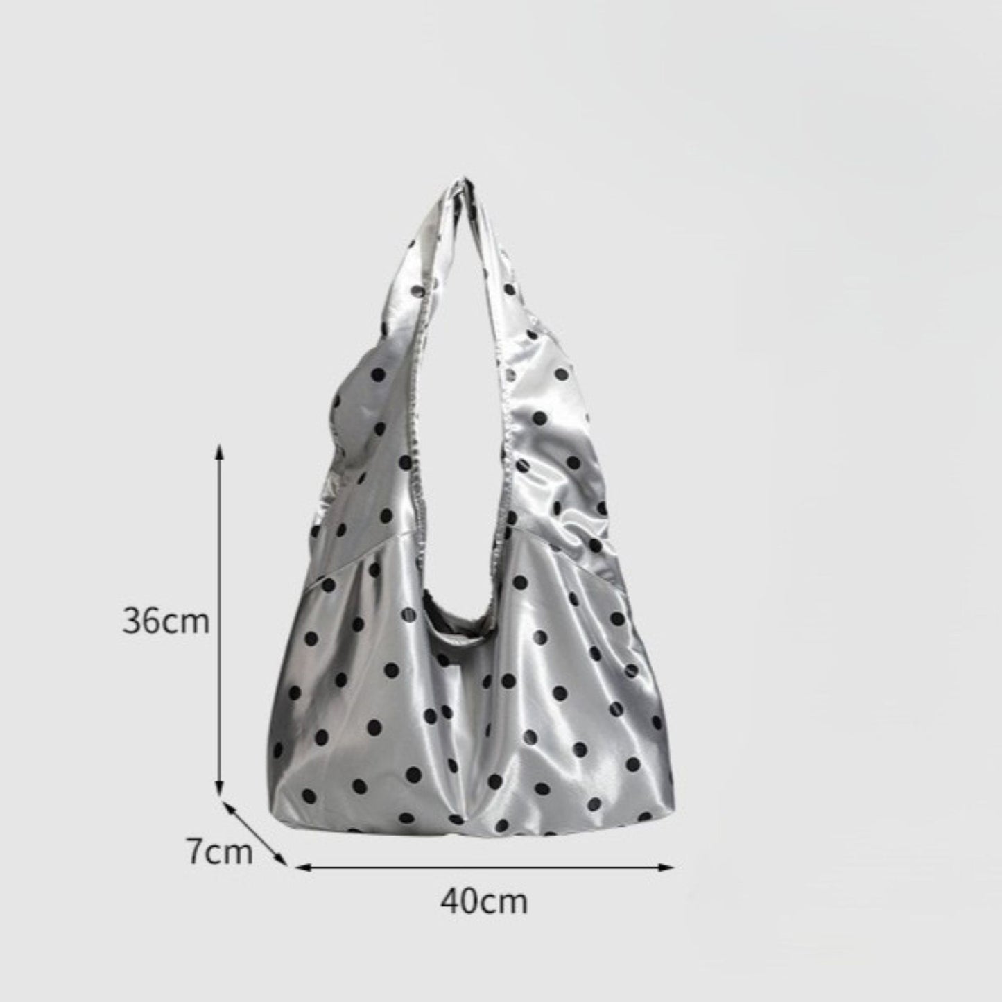 Silver Polka Dot Satin Tote Bag, Lightweight Slouchy Shoulder Bag for Women