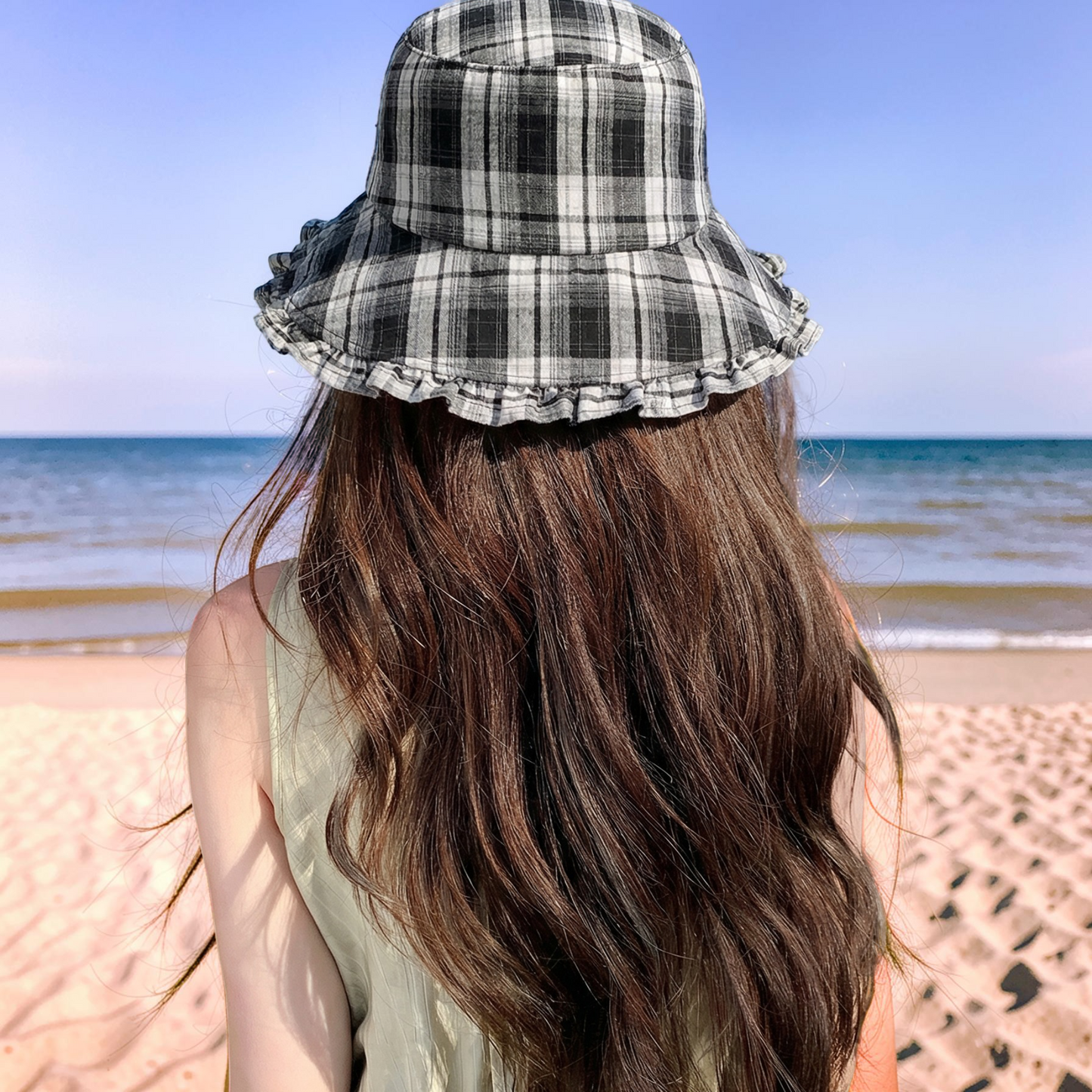 Plaid Bucket Hat with Ruffle Brim Adjustable Sun Hat Lightweight Summer Beach Sun Hat