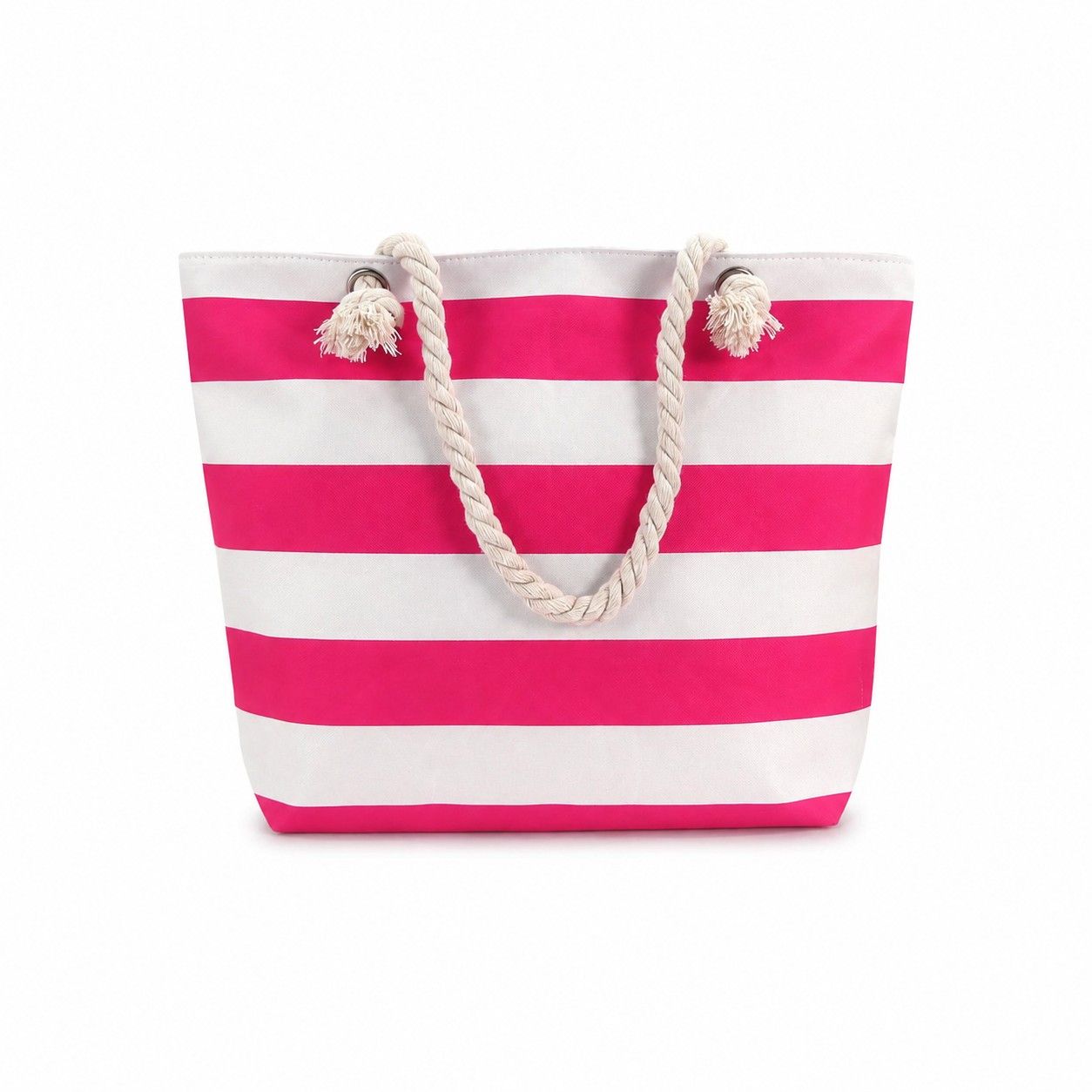 Striped Canvas Beach Tote Bag with Zip Closure and Rope Shoulder Handles