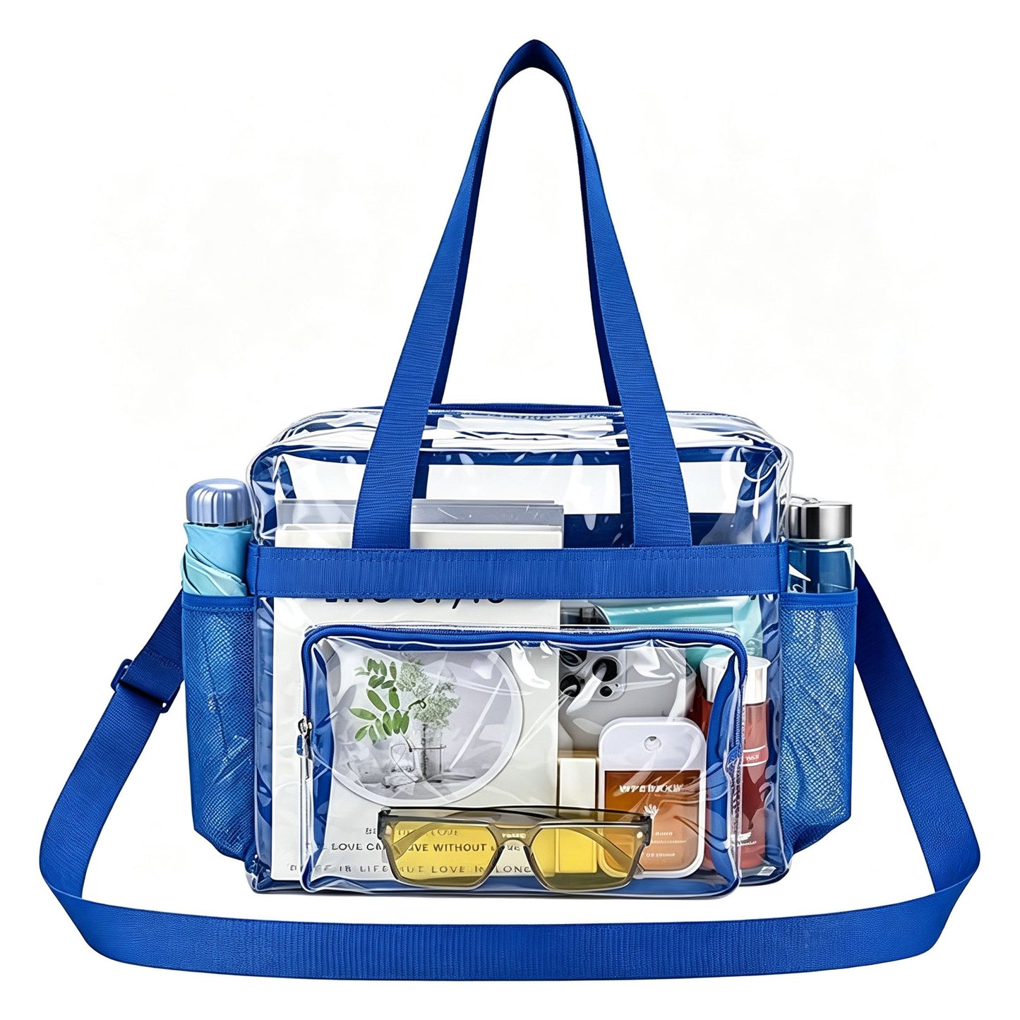 Clear Tote Bag with Exterior Mesh Pockets, Double Top Handles and Removable Adjustable Shoulder Strap