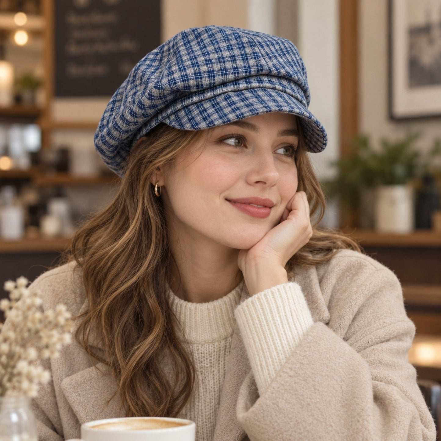 Plaid Newsboy Cap with Paneled Crown and Short Brim