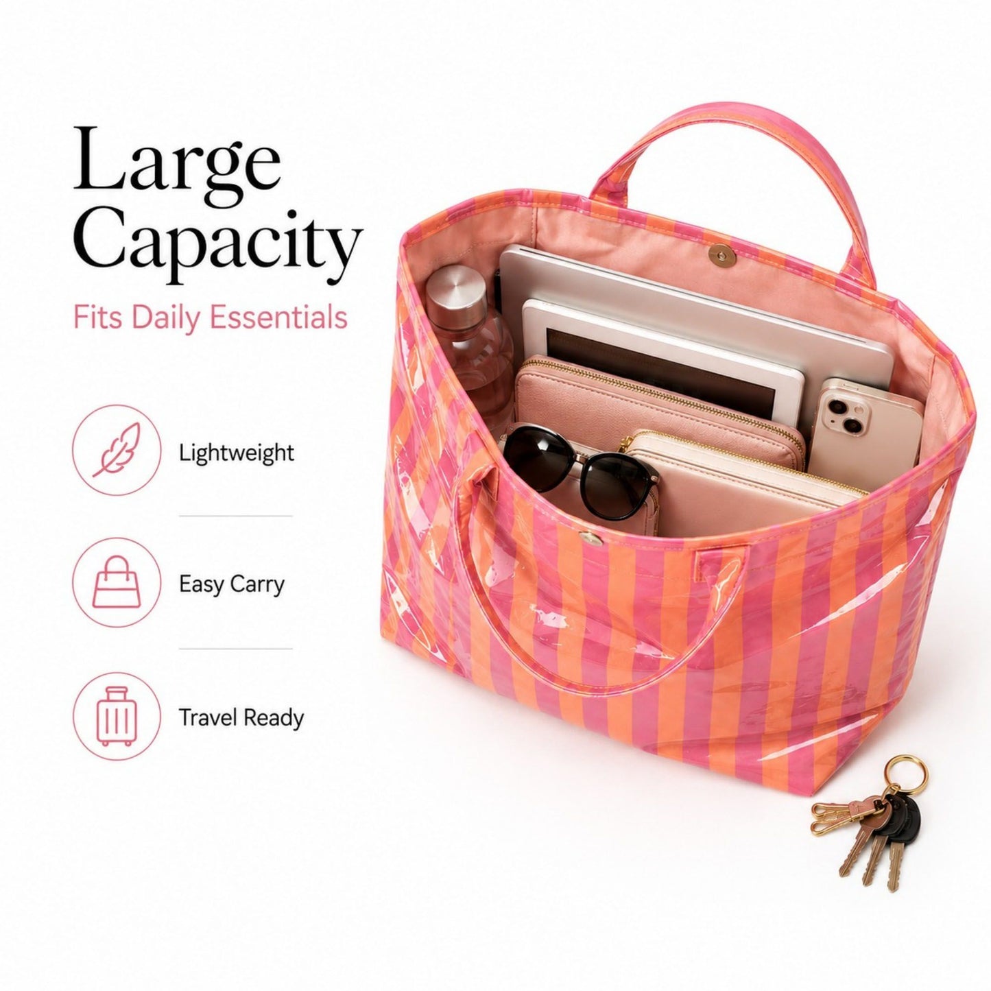 Striped Tote Bag Glossy Coated Large Capacity Shoulder Bag for Travel and Beach