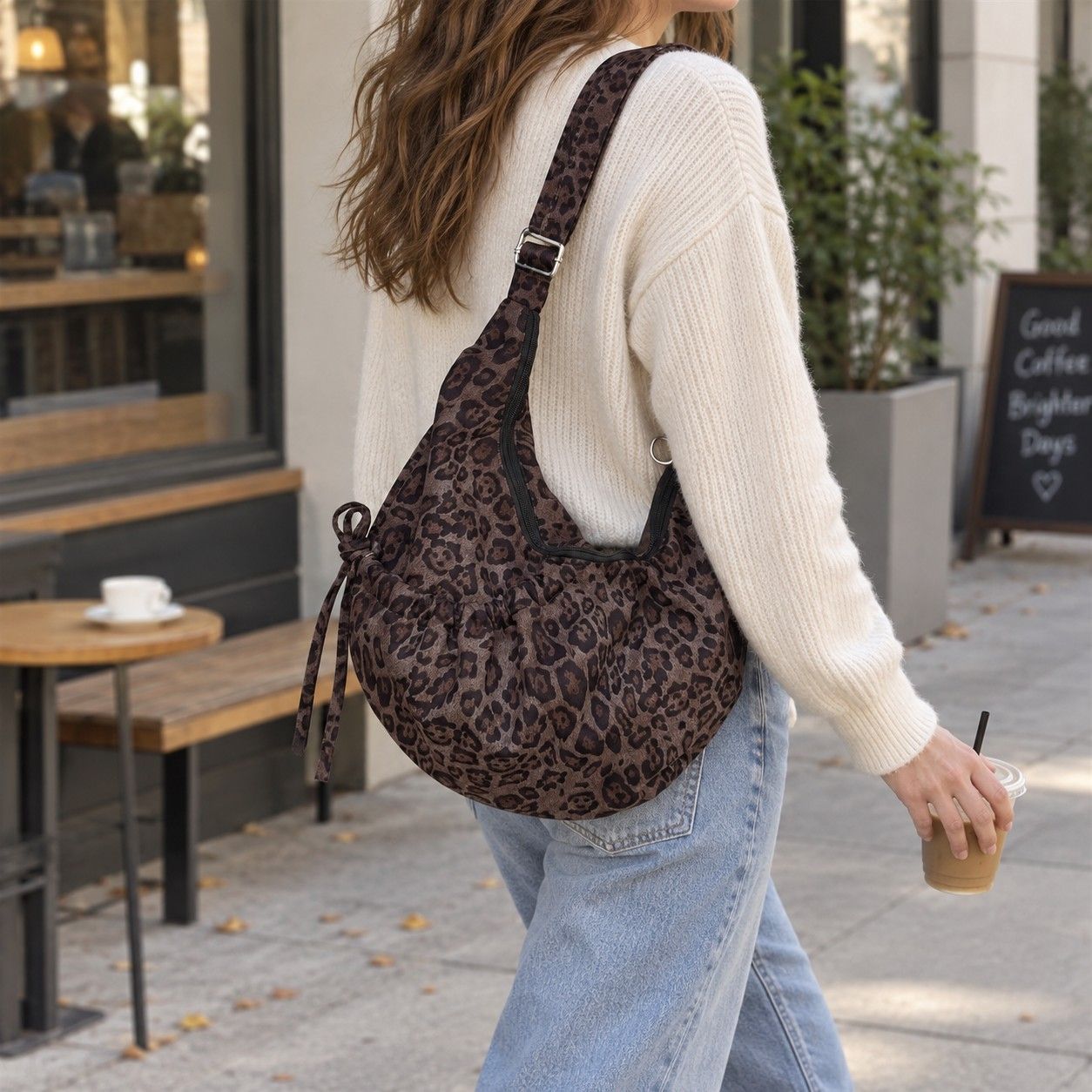 Leopard Print Suede Look Crescent Hobo Shoulder Bag with Zip Closure and Exterior Pocket