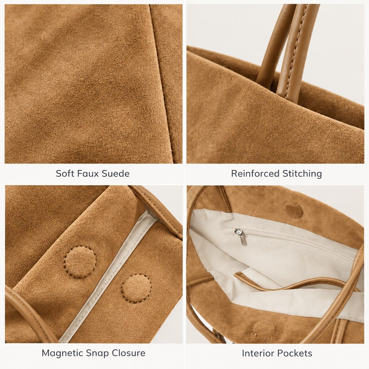 Faux Suede Tote Bag with Double Shoulder Handles Magnetic Closure and Interior Pockets