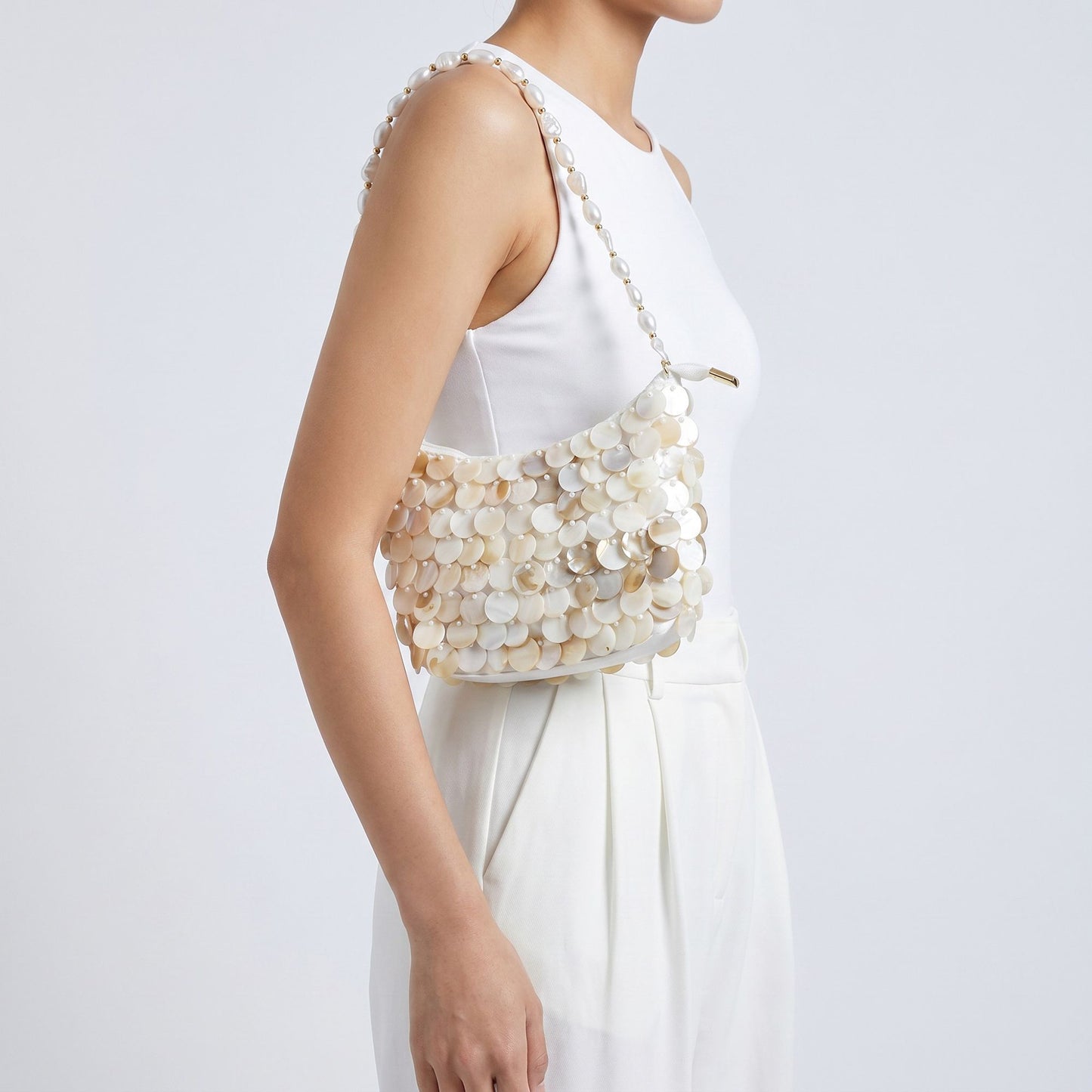 Paillette Crossbody Bag with Chain Strap Top Zip Closure Textured Disc Details